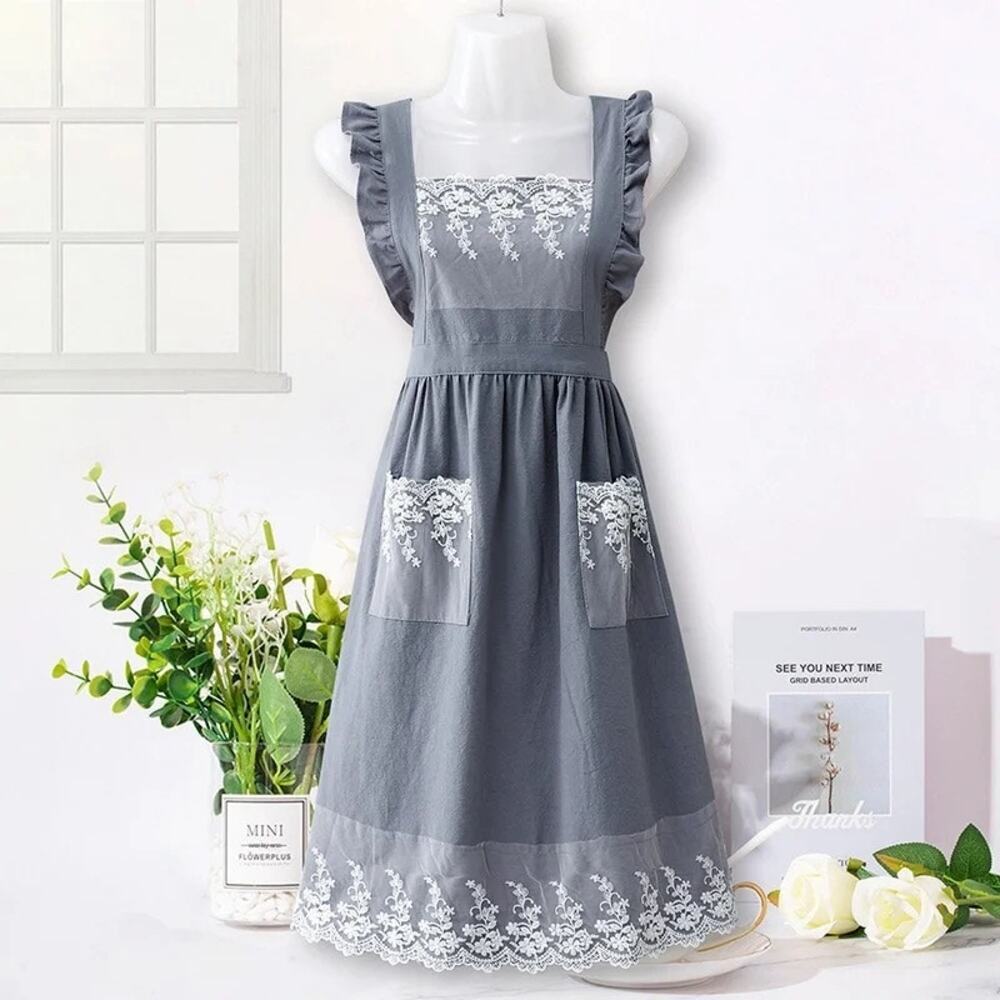NEW Gray Lace Ruffle Apron Two Pockets‎ Vintage Cottagecore Kitchen Baking Gift